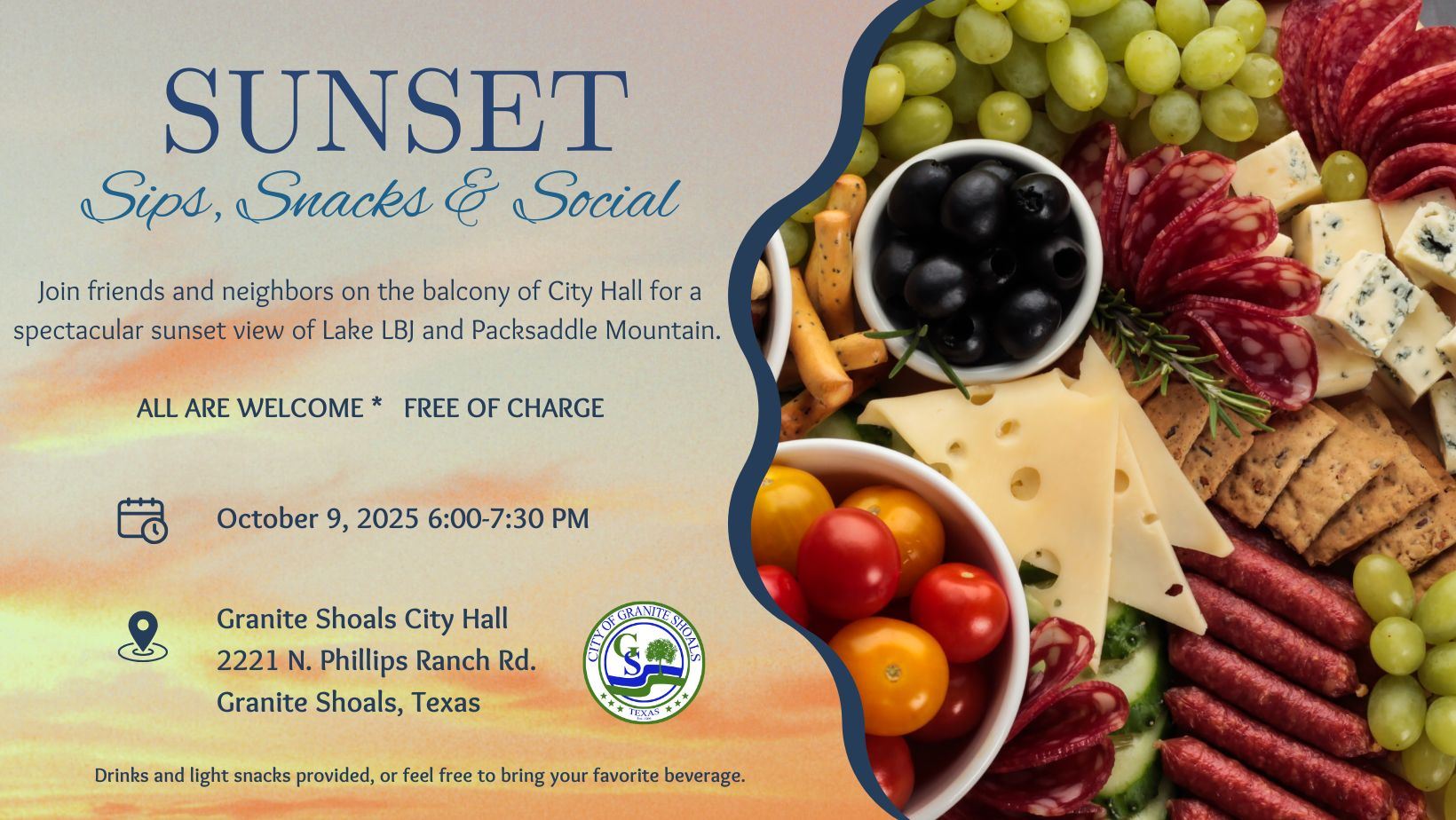Sunset Sips Snacks , 2025 and Social Flyer October 9